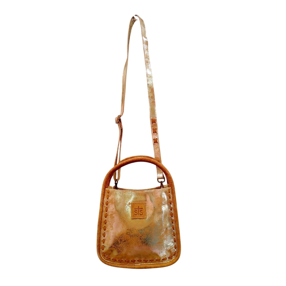 STS Gold Metallic Leather SuedeFlaxen Roan Sugar Crossbody Satchel Handbag NWOT - Picture 6 of 11